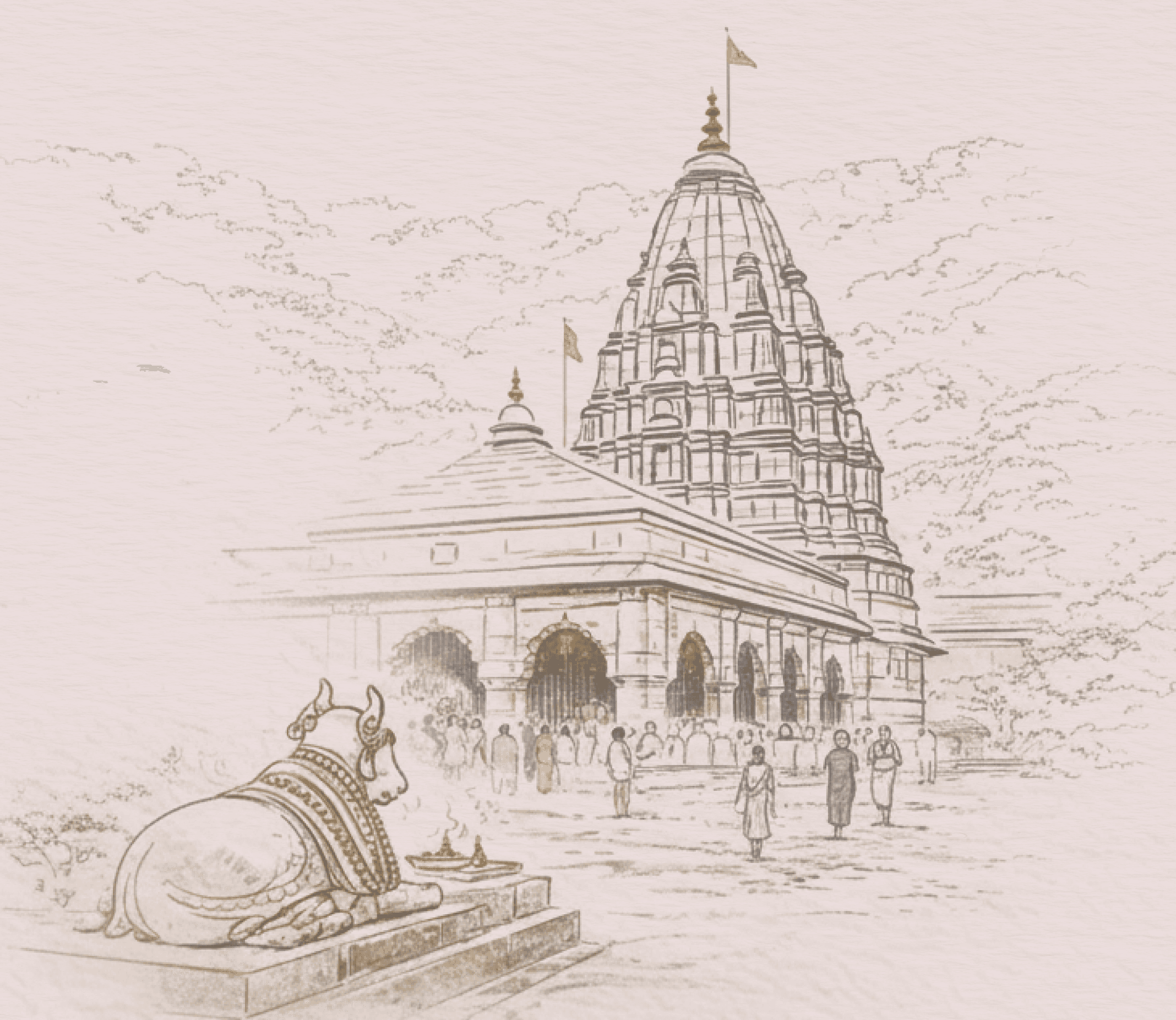 A pencil illustration of a Shiva temple with the sacred Nandi bull resting in the foreground and devotees gathered near the steps
