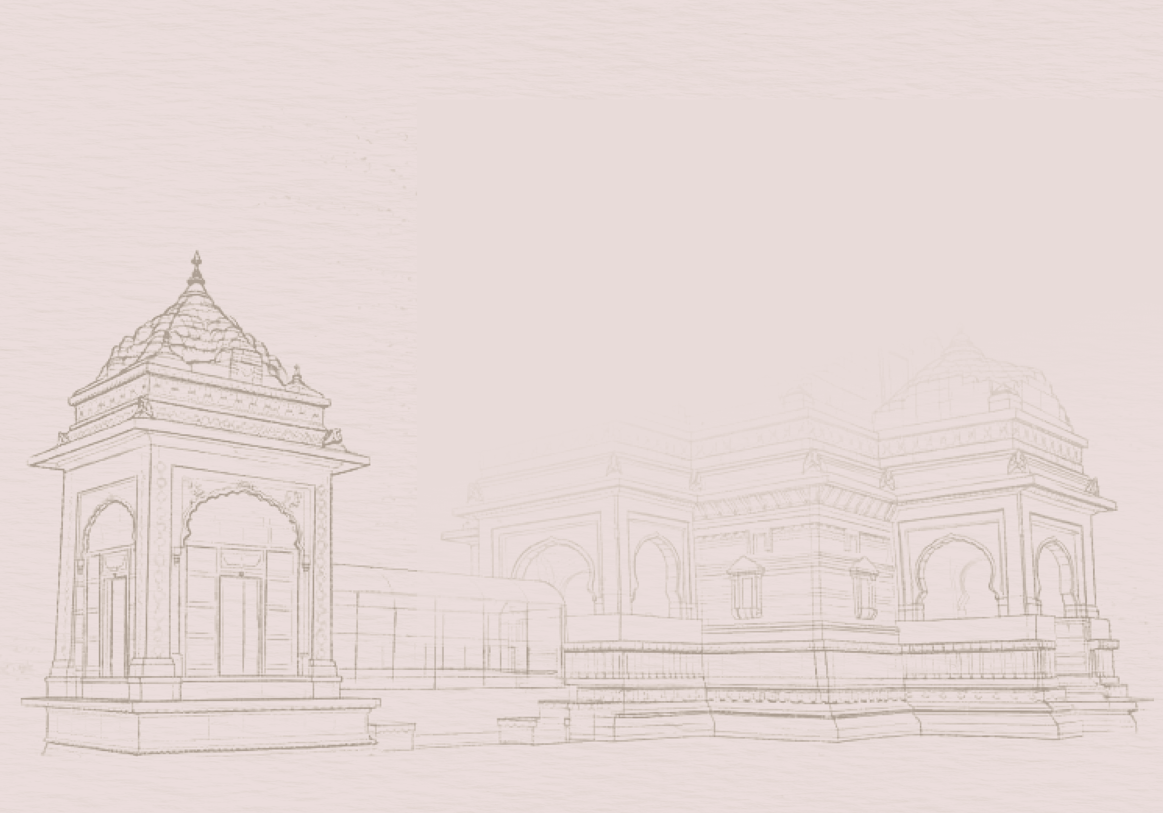 A faint pencil illustration of two ornate temple pavilions